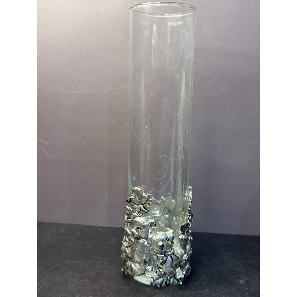 VTG Arthur Court Vase Glass Clear Cylinder Applied Aluminum Bear Cubs